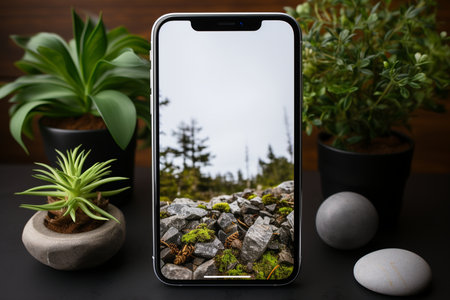 A sleek smartphone showcases a detailed natural landscape with rocks, moss, and trees, evoking a sense of outdoor tranquility.の素材
