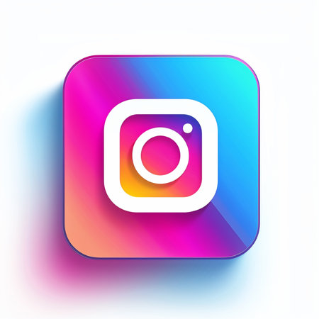 Stylized Instagram social media app logo icon in white on a colorful gradient background, featuring a shadow effect.の素材