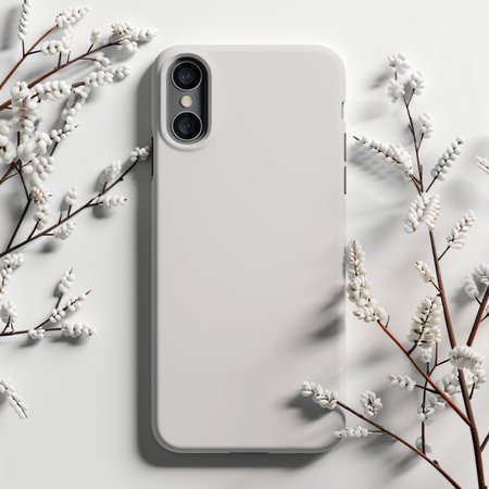 A clean and modern mockup featuring a light gray iPhone case surrounded by delicate white flower branches, perfect for showcasing designs.の素材