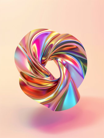 A 3D rendered abstract sculpture with a fluid, swirling form, showcasing a dazzling iridescent finish and a smooth, metallic texture.の素材
