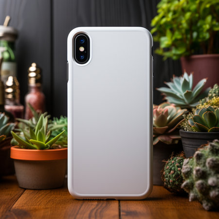 A clean white phone case mockup presented with various small potted succulents and plants in a warm, natural setting on a wooden surface.の素材