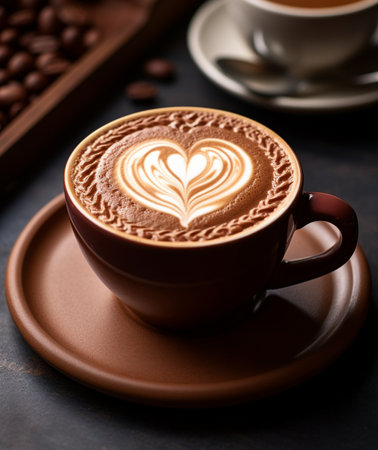 A rich brown coffee cup filled with frothy latte art, featuring a perfect heart shape, set against a dark, moody backdrop.の素材