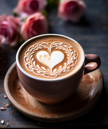 A beautifully crafted latte with intricate heart-shaped art, presented in a charming pink cup, with soft pink roses in the background.の素材