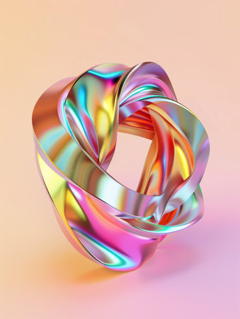 A captivating 3D render of a highly polished, iridescent torus knot with vibrant, swirling colors on a soft, gradient background, symbolizing complexity and elegance.の素材