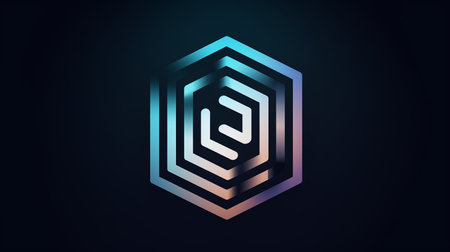 A glowing abstract hexagon logo emblem with a neon gradient and a futuristic, geometric design set against a dark, minimalist background.の素材