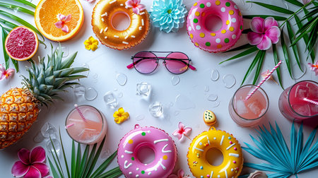 Vibrant summer flat lay featuring refreshing pink drinks, fresh fruits, tropical leaves, and playful donut floats on a white background.の素材