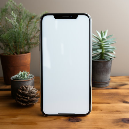 A contemporary smartphone displaying a blank white screen, set on a rustic wooden surface, complemented by decorative greenery and a pine cone.の素材