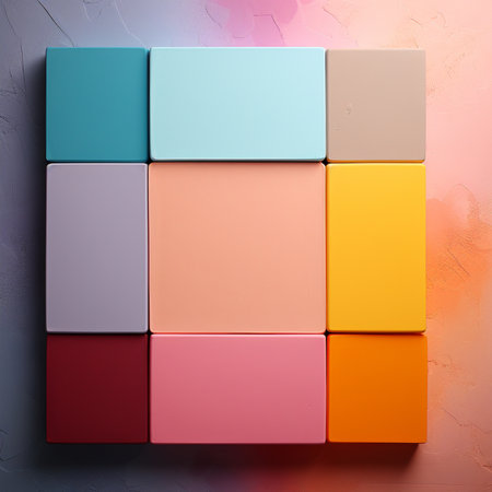 A geometric arrangement of nine rectangular blocks in various vibrant colors, set against a textured backdrop. Clean, modern design.の素材