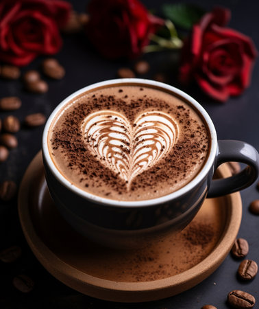 A close-up view of a coffee cup with heart-shaped latte art, surrounded by red roses and coffee beans, perfect for a romantic theme.の素材