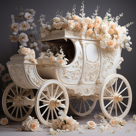 A beautifully decorated vintage carriage, covered in lush peach and cream roses and white blossoms, creating a romantic and elegant scene.の素材