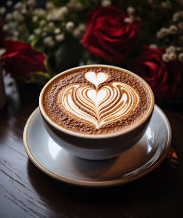 Close-up of a beautifully crafted coffee latte with heart-shaped art, set against a backdrop of red roses and soft ambiance.の素材