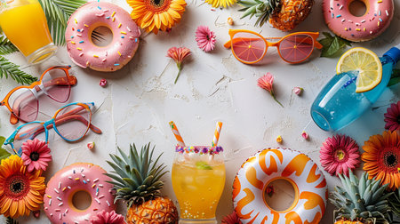 A vibrant and refreshing summer scene featuring a tropical drink, donuts, sunglasses, and colorful flowers on a textured white surface.の素材