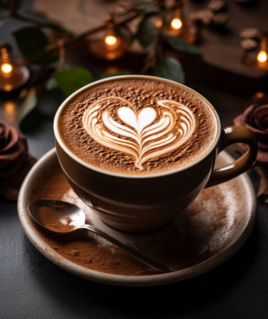 Close-up of a steaming cup of coffee with a beautiful heart-shaped latte art, surrounded by warm candlelight and roses for a cozy atmosphere.の素材