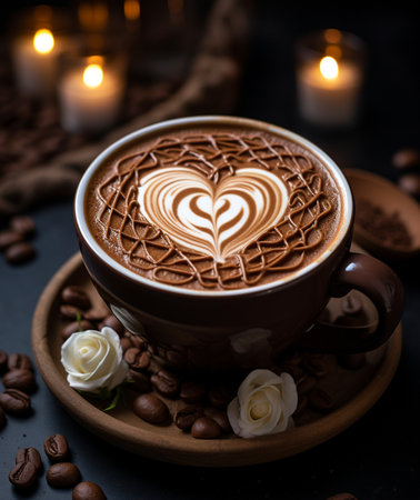 A beautifully crafted latte with intricate heart-shaped art, drizzled with chocolate, surrounded by coffee beans and delicate white roses.の素材