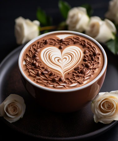 A close-up of a coffee cup with intricate heart latte art, chocolate drizzle, and coffee beans, surrounded by white roses.の素材