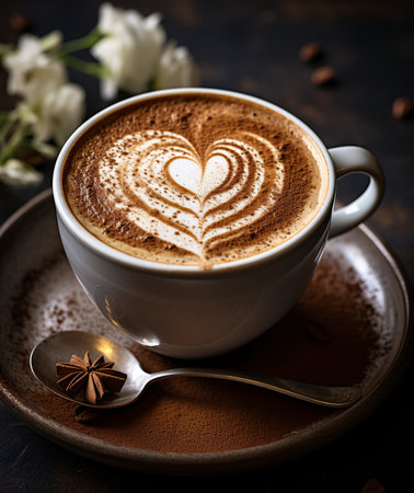 A close-up of a cappuccino with intricate heart-shaped latte art, dusted with cocoa, served with a spoon and star anise.の素材
