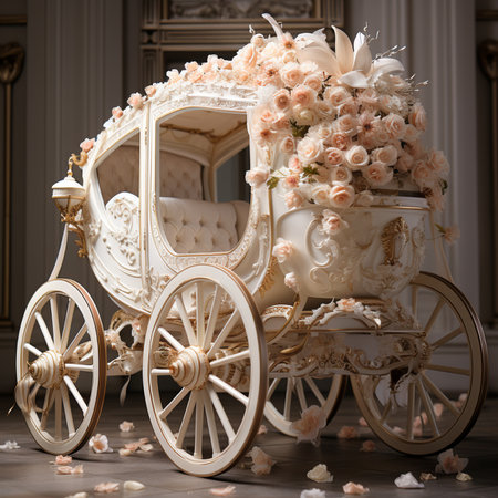 An exquisitely decorated white carriage, adorned with a profusion of peach and cream roses and floral accents, evoking elegance and luxury.の素材