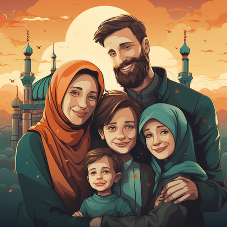 Muslim family on the background of mosque at sunset. Vector illustration.の素材