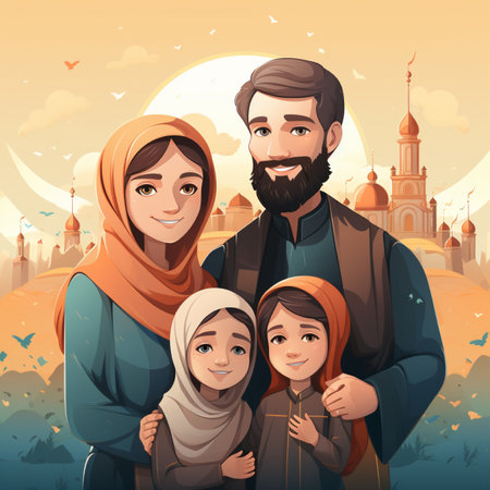 Muslim family in front of mosque. Vector illustration in cartoon style.の素材