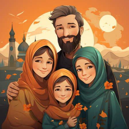 Happy muslim family standing in front of the mosque. Vector illustrationの素材