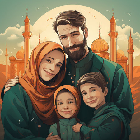 Muslim family in front of mosque. Vector illustration in cartoon style.の素材