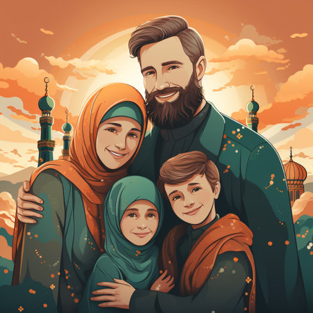 Happy muslim family at sunset. Vector illustration in cartoon style.の素材