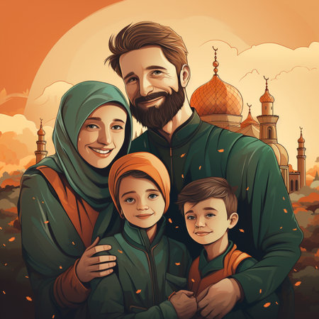 Muslim family in front of the mosque at sunset. Vector illustration.の素材