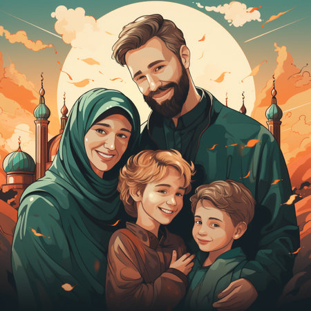 Happy family of three in front of the mosque. Vector illustration.の素材