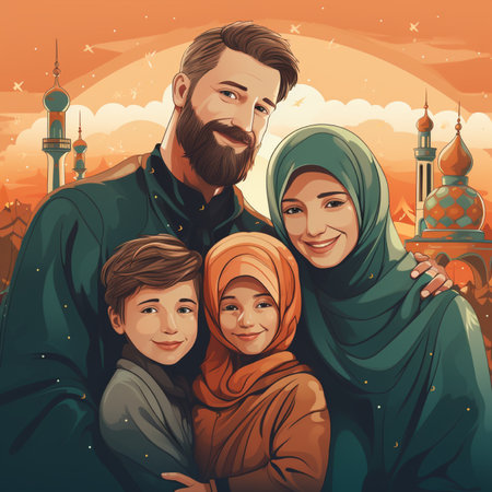 Muslim family on the background of mosque. Ramadan Kareem. Vector illustrationの素材