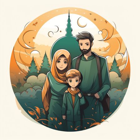 Happy family in the forest. Father, mother and son. Vector illustrationの素材
