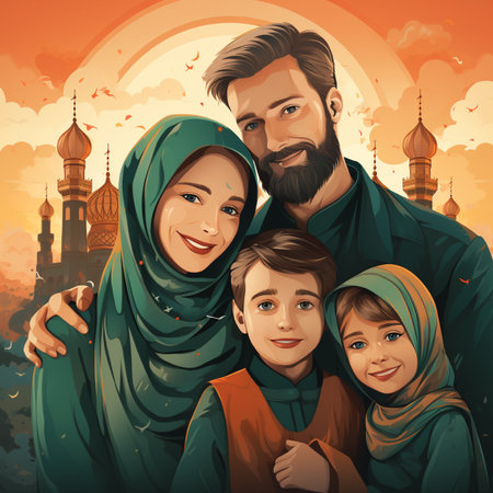 Muslim family in traditional clothes at sunset. Vector illustration of muslim familyの素材