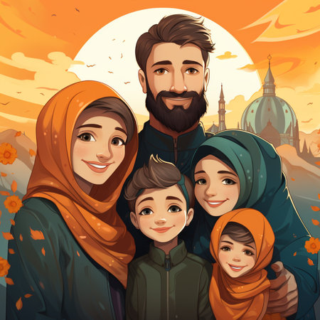 Happy muslim family on the background of mosque. Vector illustration.の素材