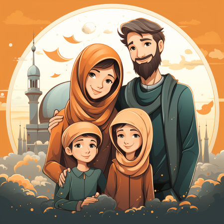 Muslim family with holy family on the background of the mosque. Vector illustrationの素材