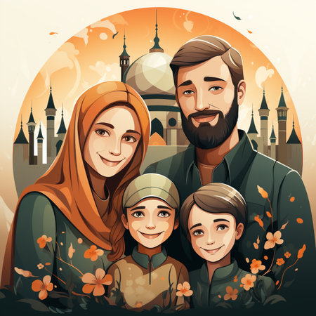 Muslim family in front of mosque. Vector illustration in cartoon style.の素材