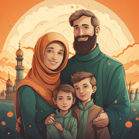Muslim family on the background of mosque in the evening. Vector illustrationの素材