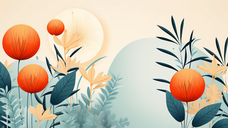 Flowers and leaves in the background of the moon. Vector illustration.の素材