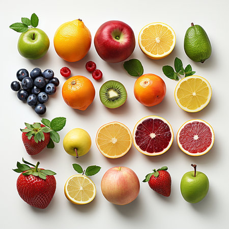 Fruits and berries on white background. Flat lay, top viewの素材