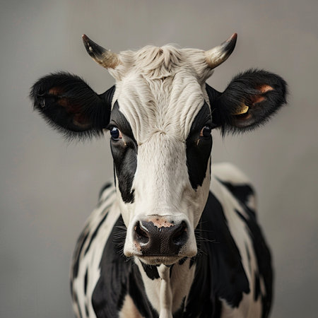 Portrait of a black and white cow on a gray background.の素材