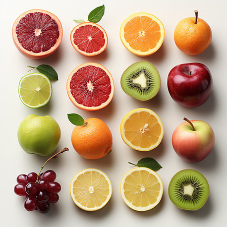 Variety of fresh fruits including lemons, lines, grapefruits and orangesの素材