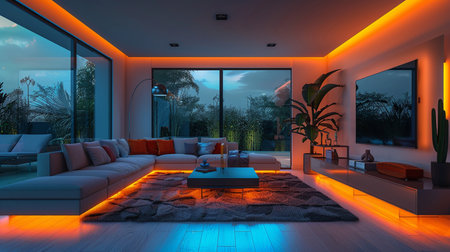 3d render of modern living room with view on the garden.の素材