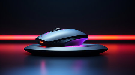3d rendering of a computer mouse on a dark background with neon lightsの素材