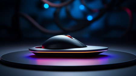 3d rendering of a computer mouse on a dark background with led lightsの素材