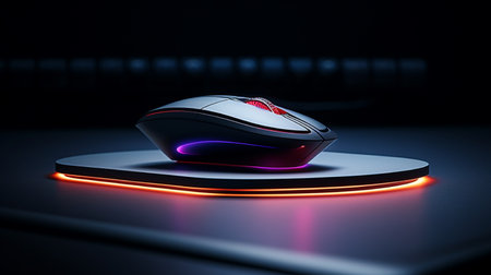 Computer mouse with neon light on a dark background. 3d renderingの素材