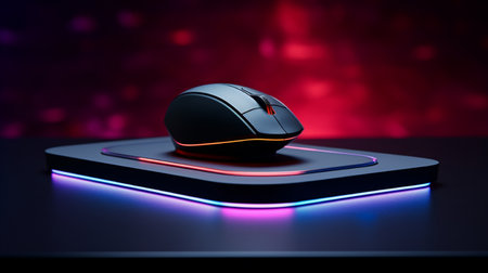 3d render of computer mouse on black background with neon light.の素材