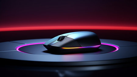 Computer mouse on a black background with red neon lights. 3d renderingの素材