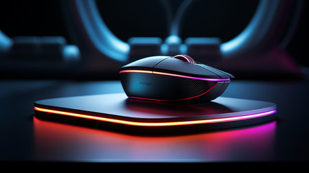 3d rendering of a computer mouse with neon lights on a dark backgroundの素材