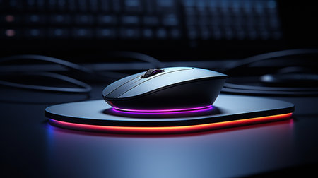 Wireless computer mouse on a dark background. 3D rendering.の素材