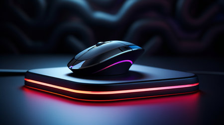 Computer mouse with glowing neon light on dark background. 3D renderingの素材