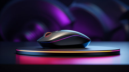Black computer mouse with blue neon light on dark background. 3d renderingの素材