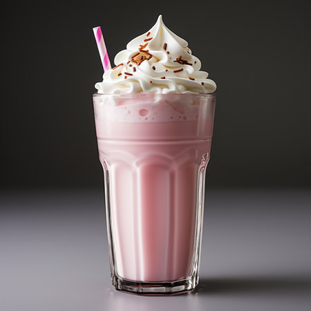 Pink milkshake with whipped cream in glass on grey background.の素材